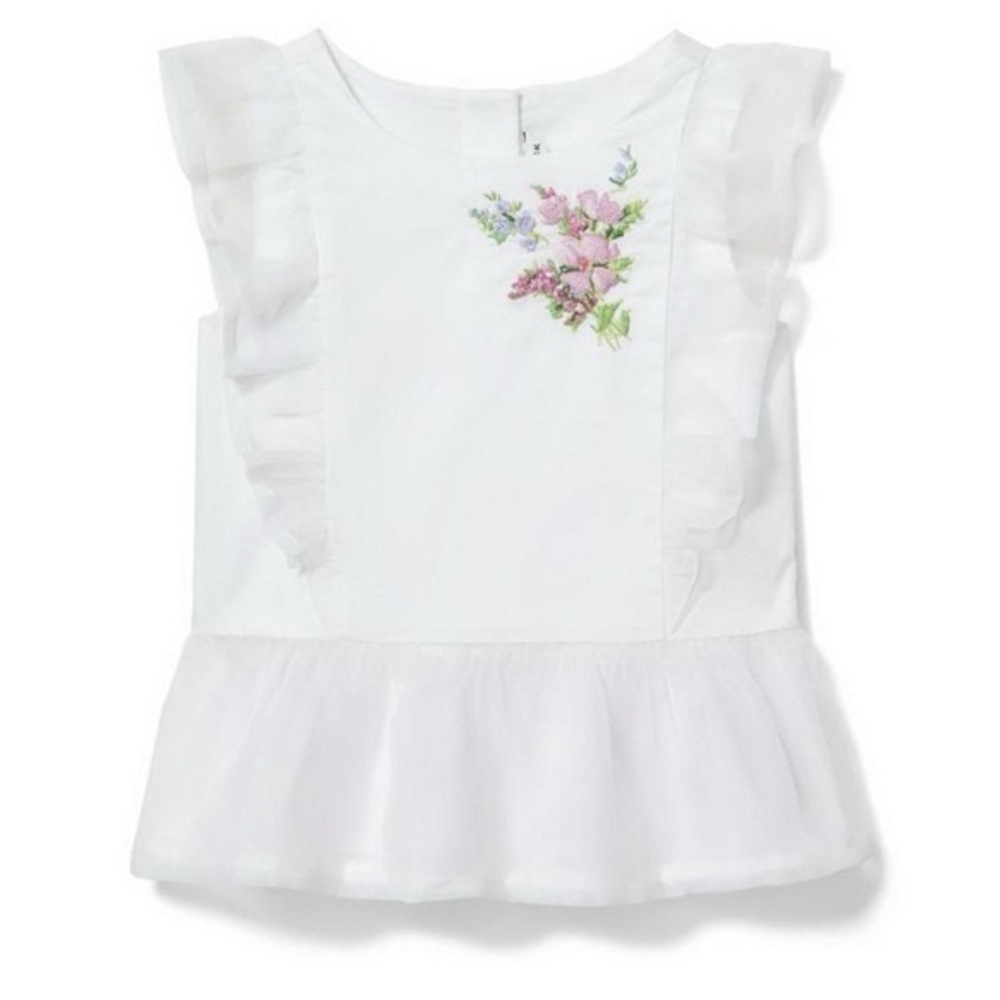 Janie & Jack White Ruffle Organza Top with Floral Embroidery